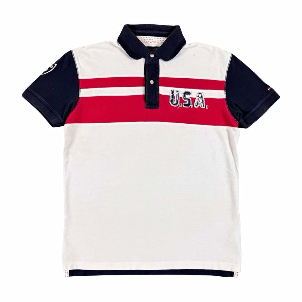 Tommy Hilfiger Men’s Colorblock USA Polo Shirt White Red Navy Size L